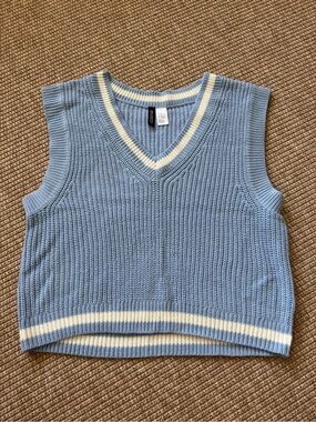 H&M Light Blue Knit V-Neck Sweater Vest with Cream Stripe